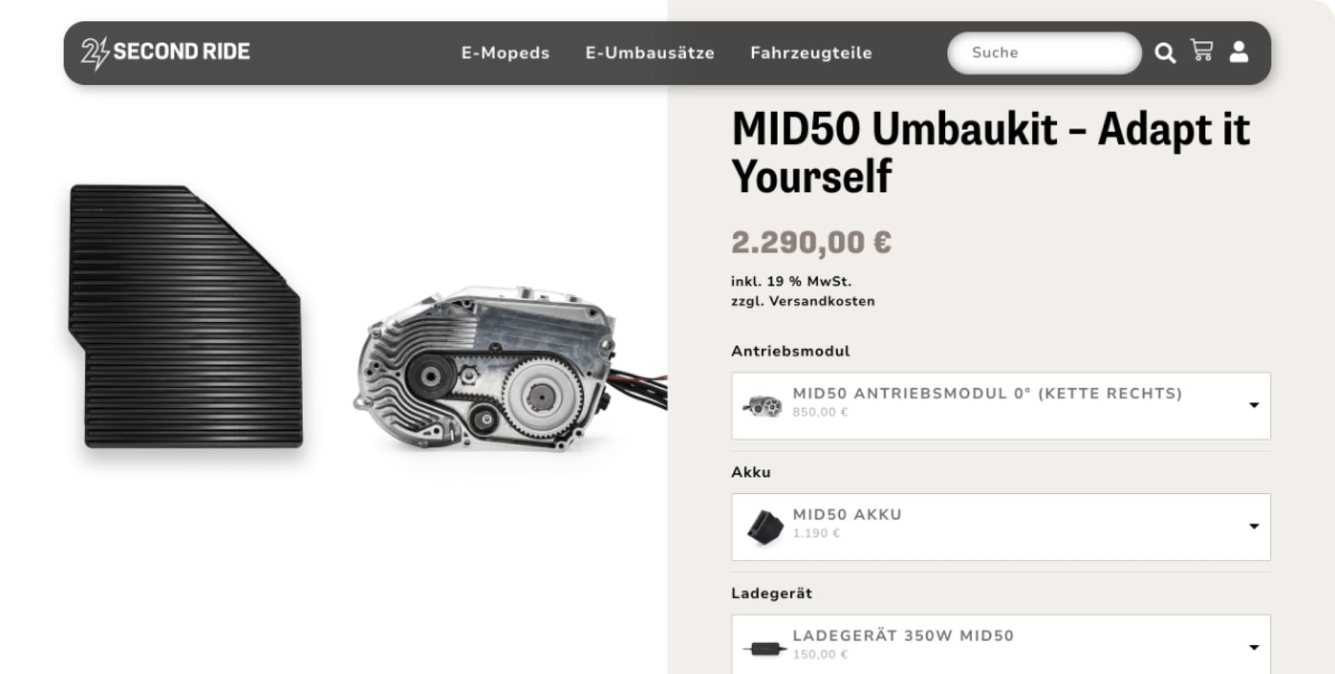 Der alte Second-Ride-Shop: Produktseite des MID50 Umbaukits mit Auswahlfeldern für Antriebsmodul, Akku und Ladegerät